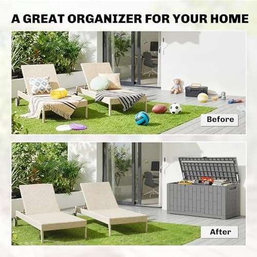 Outsunny 120 Gallon Resin Deck Box, Lockable Outdoor Storage Box with Safe Pneumatic Rods, Splash-Resistant & UV Resistant Patio Storage Container for Garden Tools, Pool Supplies — view 2