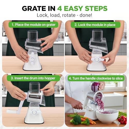Nutrichef 3 in 1 Cheese Grater & Shredder | Strong Suction Base, Rotary Handle with Safety Lock | Includes Hand Crank & 3 Drum Blades for 3 Textures, Fine, Medium & Strips | White