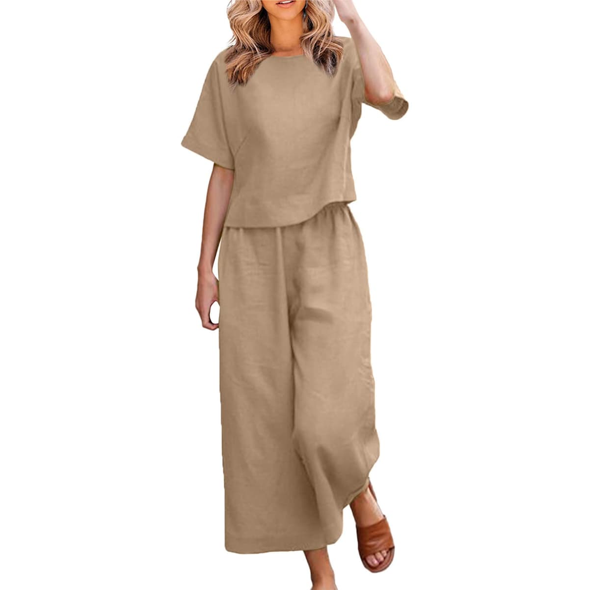 Womens 2 Piece Outfits Summer Linen Sets Short Sleeve V Neck Cropped Top Wide Leg Capris Pants Beach Lounge Sets — view 8