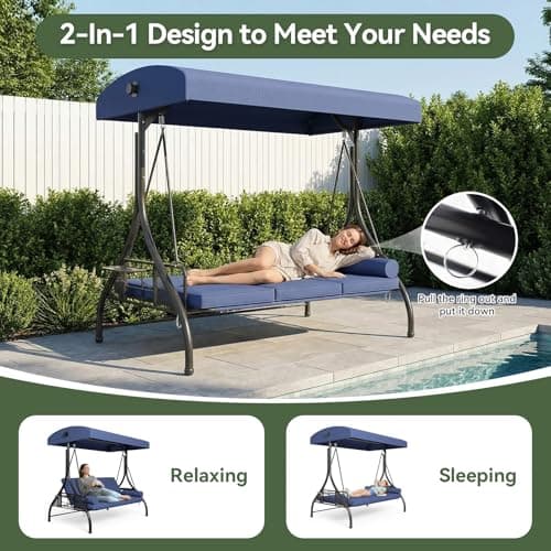 Aoxun Outdoor Porch Swing with Stand and Canopy, 3 Seats Outdoor Swings for Adults, Convertible 2 in 1 Swing Bed with Cup Holder, Patio Swings with Thicken Cushions for Garden, Yard & Balcony, Blue — view 3