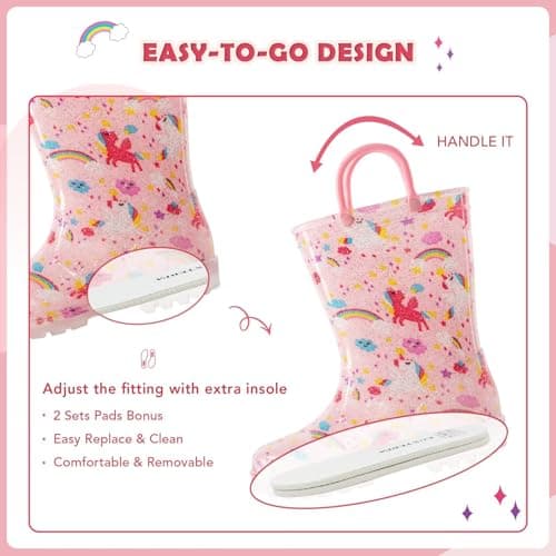 EUXTERPA Kids Toddler Light Up Rain Boots Girls Waterproof Patterns and Glitter Boots with Easy On Handles, Pink Unicorn, Little Kid Size 13 — view 4