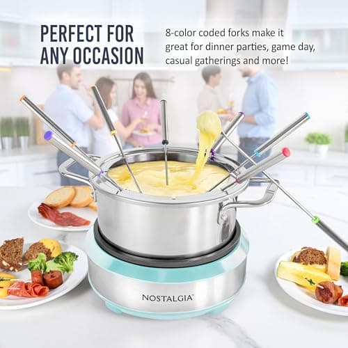 Nostalgia 8-Cup Electric Fondue Pot Set for Cheese & Chocolate - 8 Color-Coded Forks, Temperature Control - Kitchen Gadgets and Appliances for Hors d'Oeuvres and More - Aqua — view 5