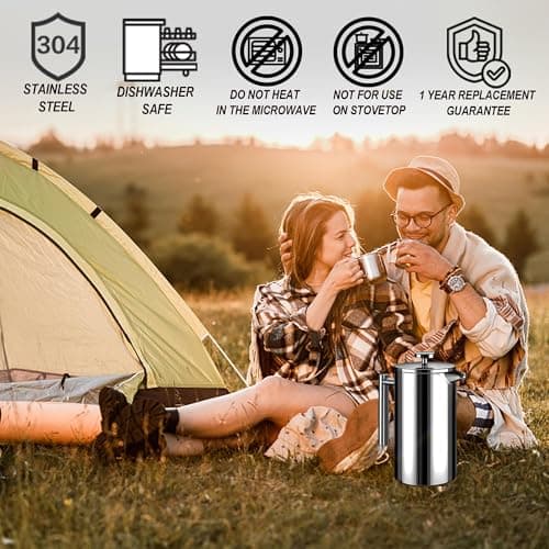 WORBIC Large French Press Coffee Maker 50oz (1.5L), 304 Stainless Steel Double Wall Insulated Coffee Press for Camping, Backpacking, Party, Travel, Gift Set, Dishwasher Safe (Silver, 6-8 Cups) — view 2