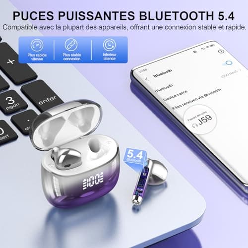 Wireless Earbuds, Bluetooth Headphones 48H Playtime Ear Buds with LED Power Display, IPX7 Waterproof Bluetooth 5.4 Earphones in-Ear Earbuds with 4 Mic for Android iOS Cell Phone Laptop, Purple — view 2