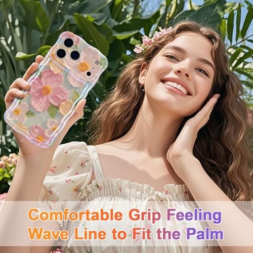 EYZUTAK Case for iPhone 17 Pro Max, Colorful Retro Oil Painting Printed Flower Laser Glossy Pattern Cute Curly Wave Edge Exquisite Phone Cover Stylish Durable TPU Protective Case for Girl Women-Green — view 7
