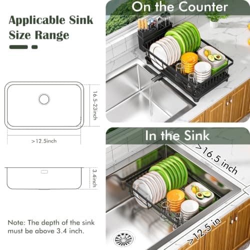 Kmiectse Dish Drying Rack - Space-Saving Small Dish Rack for Kitchen Counter, Rust-Resistant Kitchen Drying Rack, Compact Dish Drainer Organizer with Utensil Holder for Home Kitchen, Black — view 6