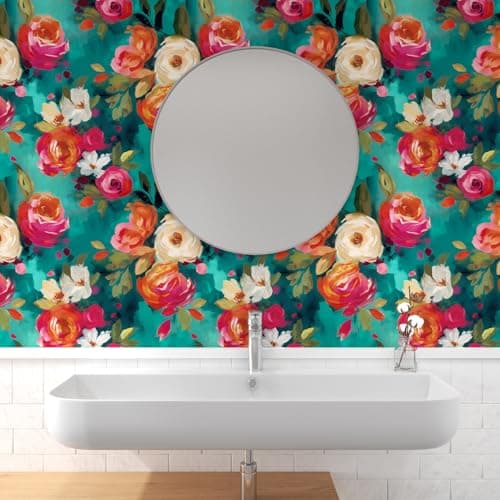 BOKEBEVE Floral Wallpaper Peel and Stick Boho Teal Blue 17.5 x 393.5In