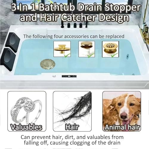 AzWzz Bathtub Drain Stopper, Pop Up Tub Stopper Plug with Bathtub Drain Hair Catcher Cover, Universal for 1.45 in to 1.8 in Tub Drain, Brushed Gold — view 2