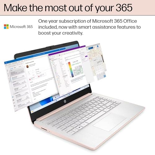 HP 14 Laptop Student Business 2025 Flagship, AI Copilot, 4-Core 13th Gen Intel CPU, 16GB RAM 628GB Storage (128GB UFS+ 500GB Ext), 1-Yr Office 365, Long Battery HubxcelAccessory Win 11S Rose Gold — view 3