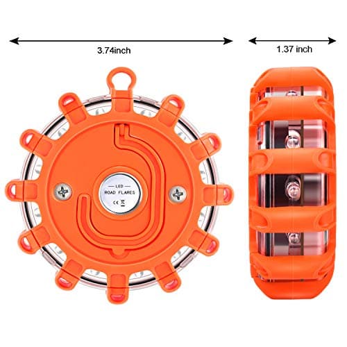 AK [4 Pack LED Road Flares Safety Flashing Warning Light Roadside Emergency Disc Beacon Kit for Vehicles Boats with Magnetic Base & Hook, Premium Storage Bag (Batteries Not Included) (4) — view 3
