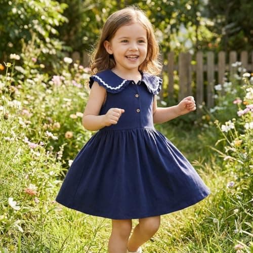 Winzik Girls Dress, Toddler Summer Short Sleeve Cotton Casual Ruffle Dresses Clothes 18M-7Y(5-6 Years, Solid Navy) — view 8