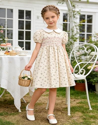 Miipat Toddler Girls Smocked Floral Dress Puff Sleeve Cotton Vintage Kids Peter Pan Collar Summer Dress(BeigeFloralPrint,3-4T) — view 2