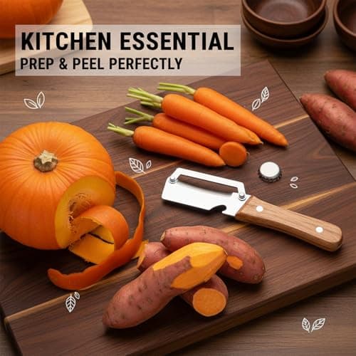 Sakerplus Multifunctional Vegetable Peeler with Wooden Handle and Bottle Opener, 2-in-1 Stainless Steel Blade, Contour-Flow for Kitchen Prep, Camping, Apple Potato Pumpkin Papaya Peeling — view 3