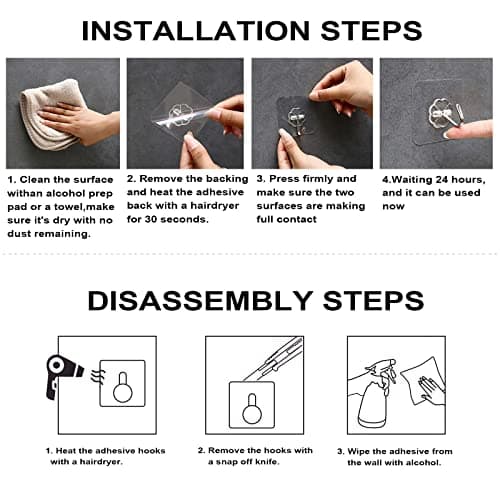ZESLMG Adhesive Wall Hooks No Damage for Hanging, 12 Pack Large Self Sticky Hooks Heavy Duty 44lb Removable, Clear Hook for Shower Towel Coat Key Picture Wreath Outdoor Bathroom Kitchen, Waterproof — view 3