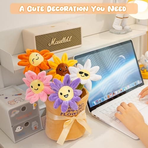 GERBIT Stuffed Animal Sunflower Plush Toys, 5 Pcs Mood Support Sunflower Plush and Plushies with Carry Basket, Funny Squeeze Toys Home Desk Decor Cheer up Doll Gift for Kids Adults Friends Her Sister — view 5