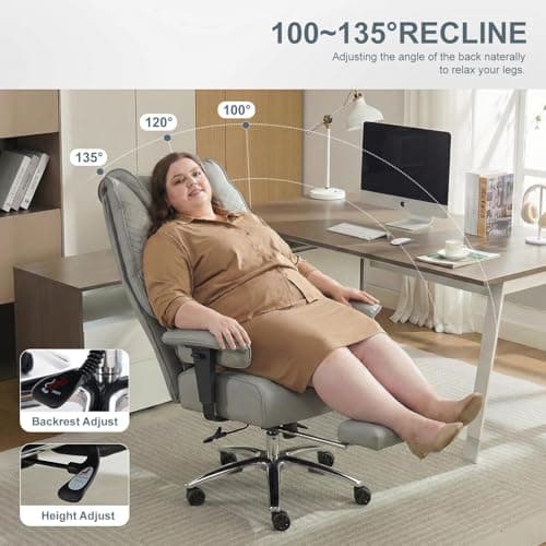 EXCEBET Big and Tall Office Chair 400lbs Wide Seat, Leather High Back Executive Office Chair with Foot Rest, Ergonomic Chairs Lumbar Support for Lower Back Pain Relief (Light Grey) — view 2