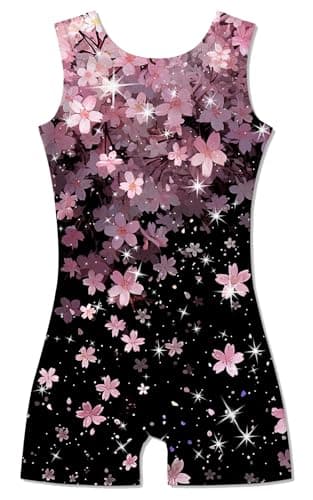 ACOCOPY Leotards for Girls Gymnastics One Piece Pink Flower Biketards Unitard Stretchy Quick Dry Dance Bodysuit Outfit