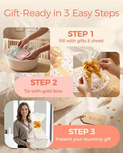 SUNCOLOR Small Woven Gift Basket Set with Cut Paper Shred Filler, Pull Bow & Cellophane Bag, 12x8x5 Inch Durable Cotton Rope Storage Basket for Easter, Baby Shower, Birthday — view 2
