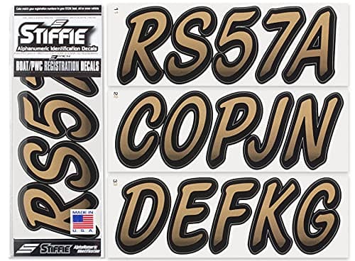 STIFFIE Whipline Metallic Gold/Black 3" Alpha-Numeric Registration Identification Numbers Stickers Decals for Boats & Personal Watercraft
