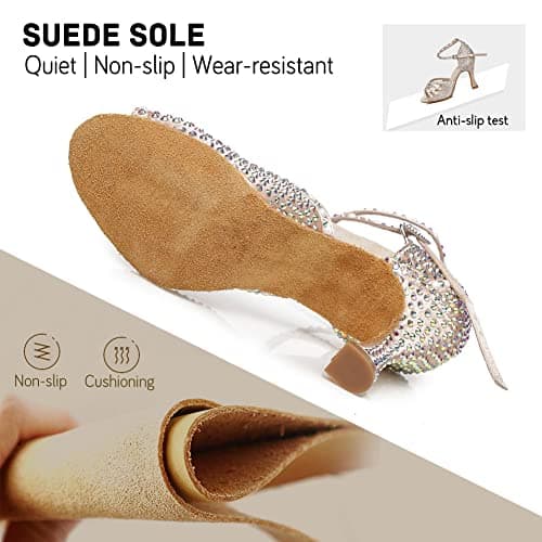 JUODVMP Women's Latin Dance Shoes Rhinestones Satin Ballroom Dance Shoes Salsa Professional Dance Shoes,Model 430,3 inch Heel,Nude,6.5 US — view 4