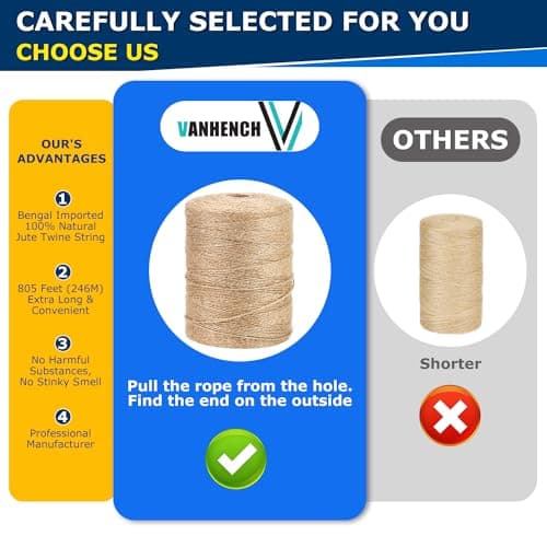 Vanhench 805FT Natural Jute Twine String, Bulk Hemp Jute Rope Cord Twine for Crafts Gardening, Gift Wrapping, Wedding Décor, Packing Material Burlap Ribbon, Christmas Knitting Macrame Decoration