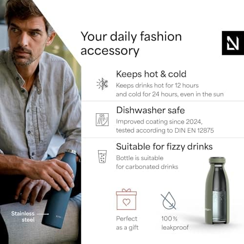 LARS NYSØM Stainless Steel Insulated Water Bottle 350ml, 500ml, 750ml, 1L, 1 5 Liter | Insulated Thermo Flask for Hot and Cold Beverages | Leakproof Drinking Bottle (Sage Green, 350ml)