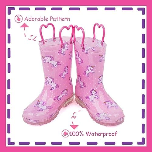 OUTEE Toddler Girls Rain Boots Little Kids Baby child Light Up Waterproof Rubber Shoes Unicorn Printed Mud Lightweight Adorable with Easy-On Handles Non Slip Sole Pink Size 8 — view 2