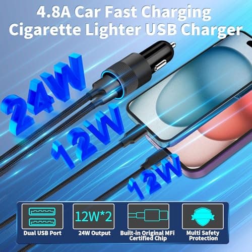 [Apple MFi Certified] iPhone Fast Car Charger, Braveridge 2Pack 4.8A Dual USB Car Power Cigarette Lighter USB Car Carplay Charger with Lightning Braided Cable for iPhone 14 13 12 11 Pro XS XR X 8 iPad — view 4