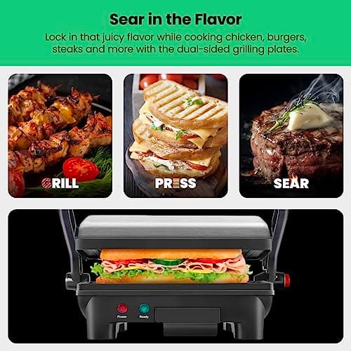 Chefman Electric Panini Press Grill and Gourmet Sandwich Maker w/ Non-Stick Coated Plates, Opens 180 Degrees to Fit Any Type or Size Food, Dishwasher Safe Removable Drip Tray, Stainless Steel/Black — view 3