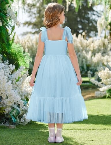 Arshiner Girls Dresses Summer Sleeveless Bow-Tie Straps Birthday Party Long Tulle Dress Light Blue Tween 9-10 Years — view 2