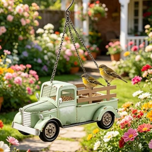 Vintage Truck Bird Feeder, Retro Pickup with Chain, Weather Resistant Metal Wild for Garden Patio Backyard Decor — view 3