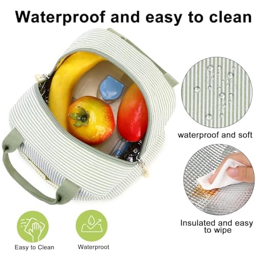 Bluboon Lunch Box for Women Cute Lunch Bag Reusable Insulated Lunch Bags Large Capacity Lunchbox Cooler for Work Picnic or Travel Gifts (A Sage Green White Stripes, 10 x 7.5 x 8 inches) — view 4
