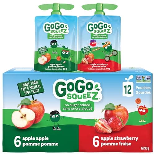 GoGo squeeZ Fruit Sauce Snack Pouches Variety Pack - Apple Apple, Apple Strawberry. 100% Real Fruit Puree, No Sugar Added, No Preservatives, 12 x 90g Squeezable Fruit Snacks