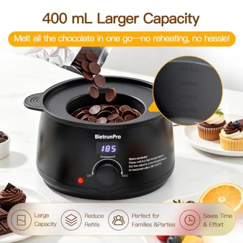 Chocolate Melting Pot Candy Melts Melter with 2 Insert Pots & Spoon, 400mL Electric Chocolate Melter, Adjustable 86°F-185°F Chocolate Melter for Candy, Fondue, Caramel, Butter & DIY Desserts — view 4