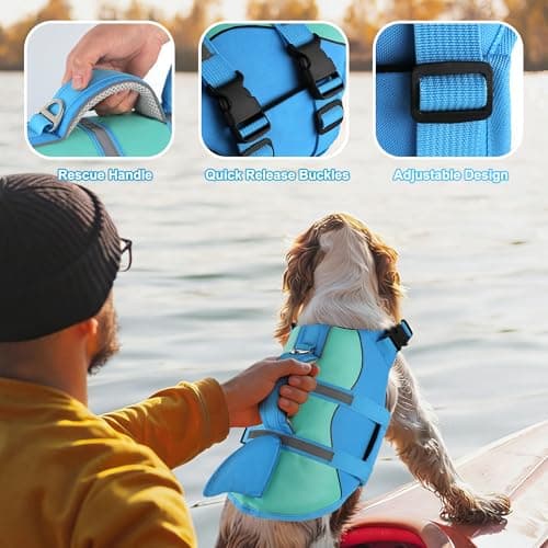 Dogcheer Dog Life Jacket Shark, Neoprene Harness Dog Life Vest with Lift Handle, Reflective Adjustable Pet Swim Float Vest for Small Medium Large Dogs - Blue, S — view 4