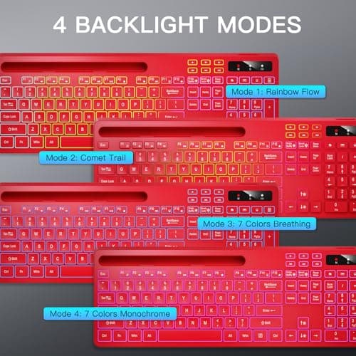 Soueto Wireless Keyboard with 7-Color RGB Backlit, Full-Size Computer Keyboard with Phone Tablet Holder, 2.4G Rechargeable Gaming Keyboard with Light Up Keys, Compatible with Mac, Windows (Red) — view 2