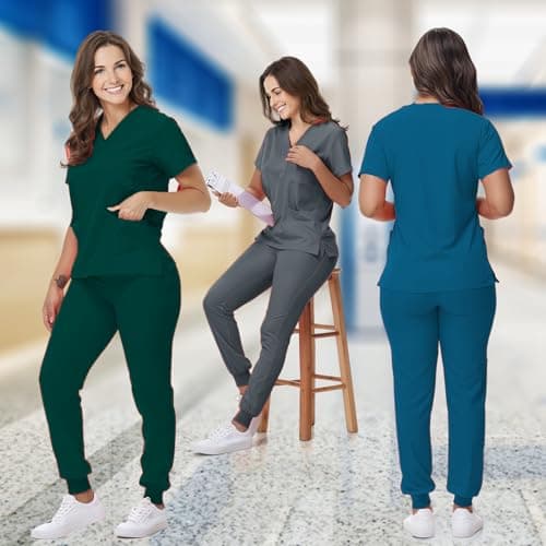 Scrubs Set for Women Nurse Uniform V-Neck Top and Drawstring Jogger Pants with Multi Pocket Nurse Workwear (Dark Green, Medium) — view 5