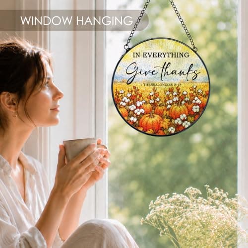 Fewgb Fall Christian Pumpkin Stained Glass Window Hanging Suncatcher 8x8 — view 2