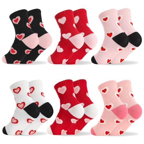 scenicamp 6 Pack Kids Athletic Crew Socks 6-9 Years, Heart Pink