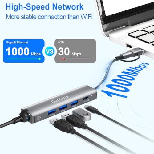 Denlane USB C USB 3.0 to Ethernet Adapter, 5 in 2 Gigabit USB Ethernet Hub for Laptop with 4-Port USB-A 3.0 and USBC, 1000Mbps RJ45 LAN Network Adapter Compatible with MacBook/iPad Pro/Phone/Tablet — view 2