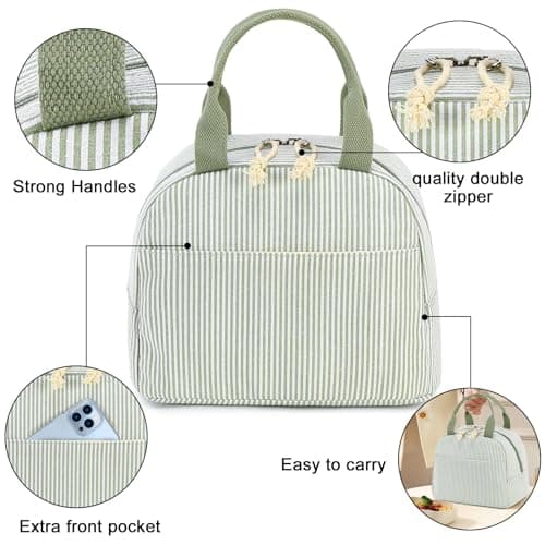 Bluboon Lunch Box for Women Cute Lunch Bag Reusable Insulated Lunch Bags Large Capacity Lunchbox Cooler for Work Picnic or Travel Gifts (A Sage Green White Stripes, 10 x 7.5 x 8 inches) — view 5