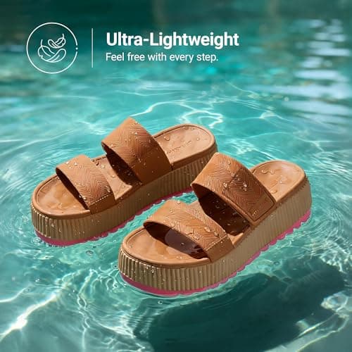 DREAM PAIRS Women's Platform Slip on Adjustable Sandals Lightweight Comfortable Non-Slip Vacation Beach Chunky Open Toe Wedges for Summer Waterproof Shoes 2026,Size 7,Camel,SDWS26004W — view 3