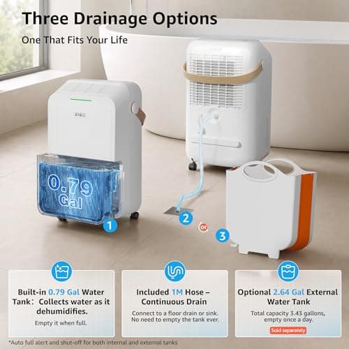 Dehumidifier for Basement with Drain Hose Max 34 Pints, KNKA 2500 Sq.Ft Dehumidifiers for Home, Large Room, Bathroom, Three Operation Modes, Intelligent Humidity Control, Dry Clothes, 24HR Timer — view 4
