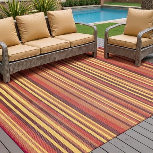 WondRg Outdoor Rug Patio Mat 5x8 Waterproof Plastic Straw Red Orange Stripe Tapis Exterieur for Camping Picnic Deck Washable Outside Carpet Balcony Backyard Porch RV Portable Reversible Lightweight — view 3
