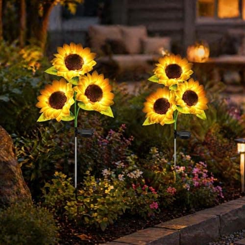 2PCS Solar Sunflower Lights Garden Stake, Garden Decor，800mAh Waterproof Garden Stake Lights with Realistic Flowers，Yellow, 6 Flowers, Outdoor Decorative Lawn Ornament — view 3