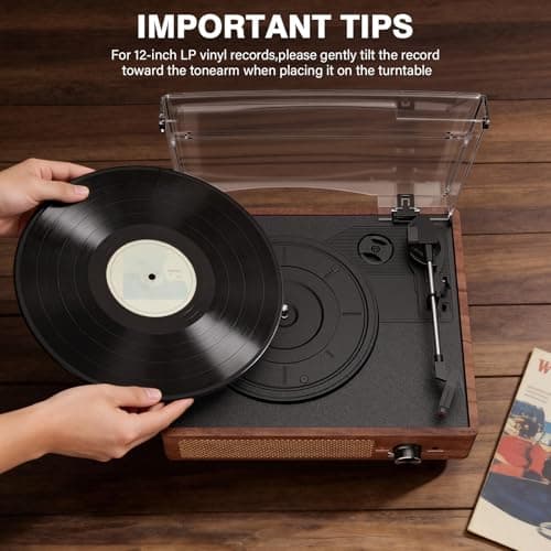 Vinyl Record Player Turntable with Built-in Bluetooth Receiver & 2 Stereo Speakers, 3 Speed 3 Size Portable Retro Record Player for Entertainment and Home Decoration — view 4