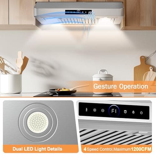 TAZPI 1200CFM Under Cabinet Range Hood 30 Inch, 4-Speed Gesture & Touch Control, Stove Vent Hood for Kitchen, 30'' Stainless Steel Kitchen Hoods with 2 LED Lights Standard — view 4