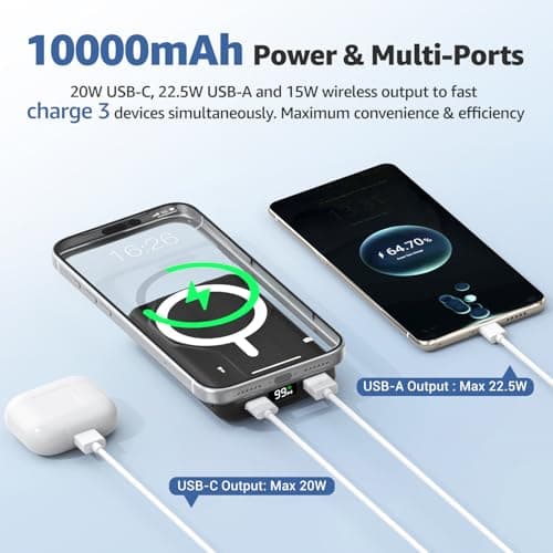 Azmuth Magnetic Wireless Power Bank 10000mAh, Compatible with MagSafe 15W Portable Fast Charger for iPhone 17/16/15/14/13/12 Series Built-in Stand LED Display 20W PD USB-C Black — view 2