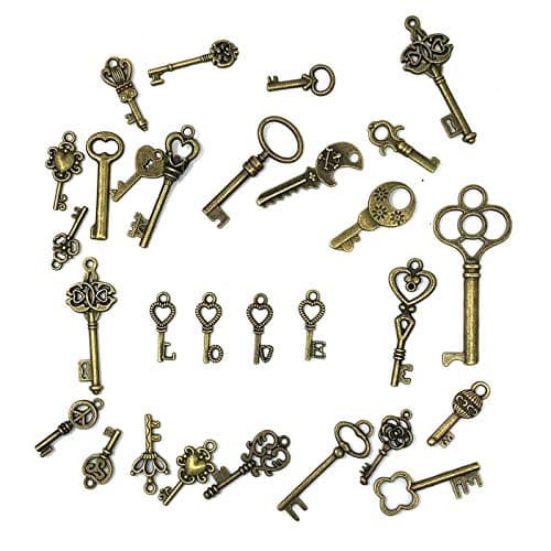125 PCS Vintage Skeleton Key Set Charms, JIALEEY Mixed Antique Style Bronze Brass for Pendant DIY Jewelry Making Wedding Party Favors — view 2