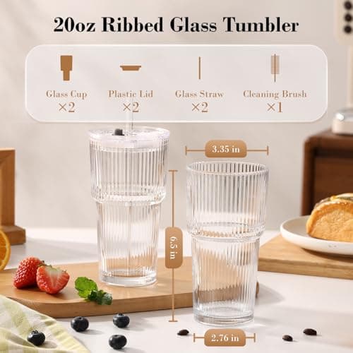 GOSCHE 20oz Glass Cups with Lids and Straws, Clear Iced Coffee Cups Vintage Drinking Set, Glass Tumbler with Straw and Lid for Latte Water Tea, Clear, 2 Pack — view 4